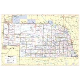 Cool Owl Maps Nebraska State Wall Map Poster Rolled 36"Wx24"H (laminated)