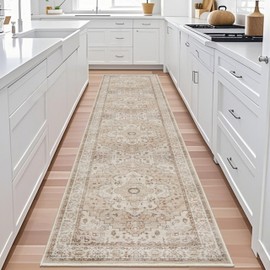 3x12 Hallway Washable Runner Rug - Vintage Non Slip Soft Rug for Kitchen Living Room Low-Pile Stain Resistant Carpet for Bathroom Entryway Thin Floor Mat for Bedroom Dining Room (3x12,Beige)