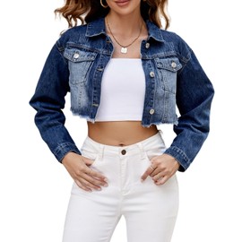 LONGYIDA Denim Jacket for Women Button Down Distressed Cropped Jean Jacket Frayed Raw Hem Denim Jacket Coat(Dark Blue02,L)