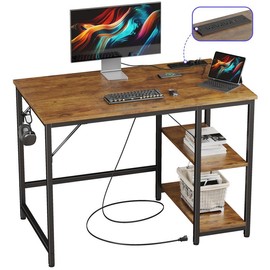 JOISCOPE 40 Inch Small Gaming Computer Desk with Table Power Outlets, Storage Shelves & USB & Type-C Outlet - Colour: Vintage Oak, Size: 40 inches
