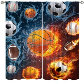 Boys Sports Kids Curtains for Bedroom, Fire Basketball Football Soccer 3D Ball Window Treatments for Living Room,Teen Boys Girls Room Decor Drapes 2 Panel Sets,42x45 Inch