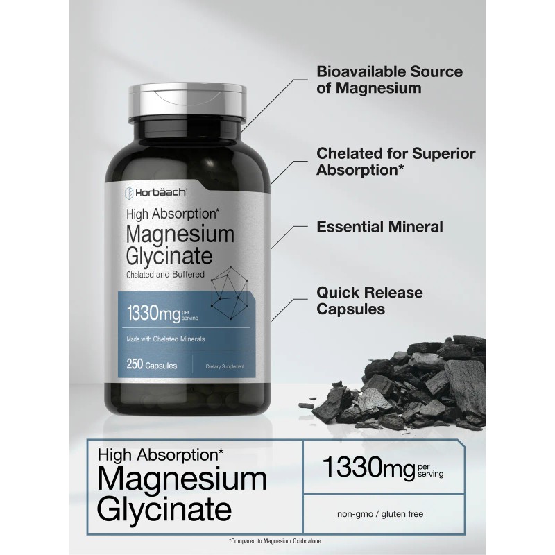 Horbäach Magnesium Glycinate | 1330mg | 250 Capsules | Buffered