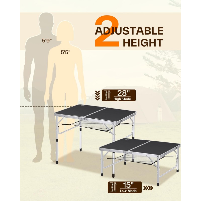 Sportneer Folding Table: Adjustable Height Camping Essentials 35.4" L x