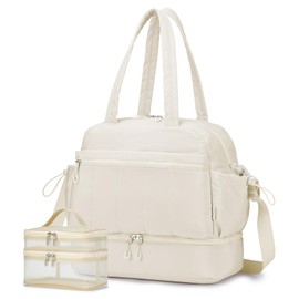 KSIBNW Gym Bag for Women Travel Duffle Bag, Water Resistant Carry on Weekender with Wet Pocket and Shoes Compartment Lightweight Personal Item Travel Bags for Yoga Hospital, with Makeup-bag, White