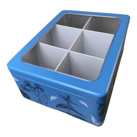 MediMuc Tea Bag Box, Blue, Rectangular Tea Bag Tin with Hinged Lid and Viewing Window, Matte with Partial Shiny Lacquer on the Tea Herb Motifs, Tea Box, Tea Canister