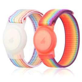 Airtag Wristband Kids 2 Pack,airtag Bracelet Compatible with AirTag Holder,Adjustable Anti Lost GPS Trackers Case Cover Watch Band Radius of 5.1to 7.9 in for Girls Boys Elders(Rainbow/Light Rainbow