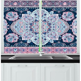 Ambesonne Mandala Kitchen Curtains, Eastern Paisley Pattern Karma Hidden Universe Theme Floral Print, Window Drapes 2 Panel Set for Kitchen Cafe Decor, 55" X 39", Purple Blue