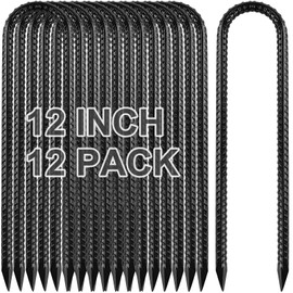 x-vesolje 12 Inch Trampoline Stakes, Heavy Duty Trampoline Anchors, Tent Stakes Heavy Duty, U Hook Ground Anchors, Trampoline Stakes Anchors High Wind, Yard Stakes, Galvanized Steel (12 Pack, Black)