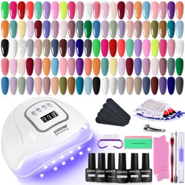 JODSONE 60 Bottles of Gel Nail Polish Kit with U V Light 55 Kinds of Gorgeous and Charming Gel Polish Kit 5 Pieces Soak off Glossy Matte Top Coat Base Coat