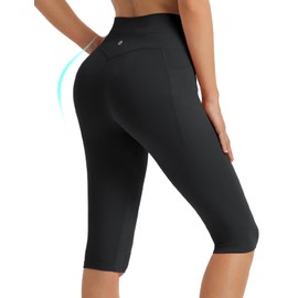 BALEAF Women's Capri Leggings with Pockets Knee Length Capris Pants Yoga Workout Exercise for Casual Summer Black M