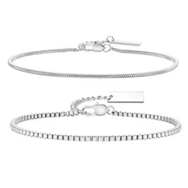 XSDSLS Pack of 2 Silver Chain Bracelets for Men Stainless Steel Bracelets Stackable Curb Chain Snake Chains Adjustable Men's Bracelets Gifts for Men, Stainless Steel, No Gemstone