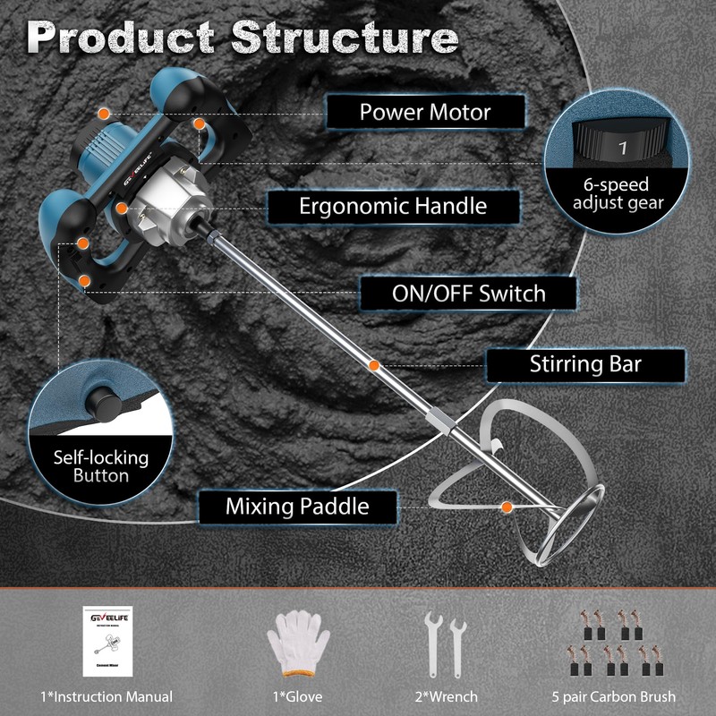 Geveelife Concrete Cement Electric Mixer Machine 2400W with 6 Adjustable