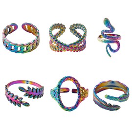 Ornaland 6 Pcs 6 Styles Open Rings Set Leaf Snake Feather Shape Oval Cuff Rings Hollow Wide Open Rainbow Color Adjustable Rings Jewelry for Women
