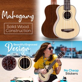 Pyle, 4-String Learn to Play Set Solid Wood Spruce Soprano Ukulele Professional Instrument Face, Mahogany Neck, Black Walnut Fingerboard & Bridge PUKT6580