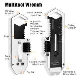 Small Multitool Wrench 9 in 1 Pocket Adjustable Wrench for Screw with Mini Pry Bar Nail Puller Keychain Tool Caliper Measuring Ruler Glass Breaker EDC Gadget Survival Gear for Men Cycling Hiking