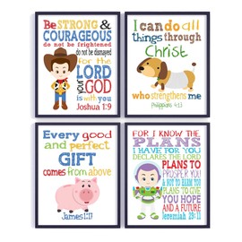 Toy Story Christian Nursery Decor Set of 4 Unframed Prints - Woody, Buzz Lightyear, Slinky Dog and Hamm with Bible Verses