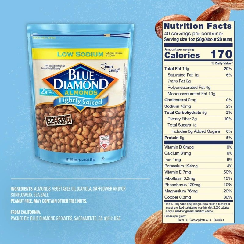 Blue Diamond Almonds Low Sodium Lightly Salted Snack Nuts, 40