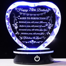 YWHL 70th Birthday Gifts for Women Men Born in 1953, Crystal Heart with Colorful Light Base Happy 70th Birthday Decorations, Gifts for 70 Year Old Women Men Mom Dad Grandma Wife Friends