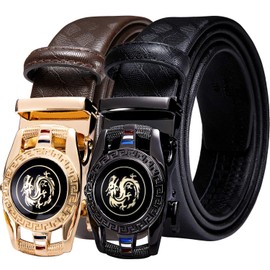 Barry.Wang Men's Leather Belt Black Ratchet Belt with 3 Automatic Buckles Adjustable Strap Business Gift Box, Dragon Brown/Black