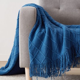BOURINA Textured Solid Soft Sofa Throw Couch Cover Knitted Decorative Blanket,Royal Blue, 152x203cm