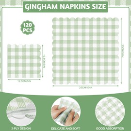 Xiangqu 120 Pcs Green Gingham Napkins, Disposable Sage Green Napkin Scalloped Green Baby Shower Cocktail Napkins Paper Plaid Napkin for Picnic, Wedding, Baby & Bridal Shower,5 x 5 Inches