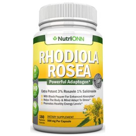 NutriONN Rhodiola Rosea - 500mg - 180 Vegan Capsules - 3% Rosavin 1% Salidroside Extract - Non-GMO - with Black Pepper for Enhanced Absorption - 6 Month Supply - Supplement for Energy & Stamina