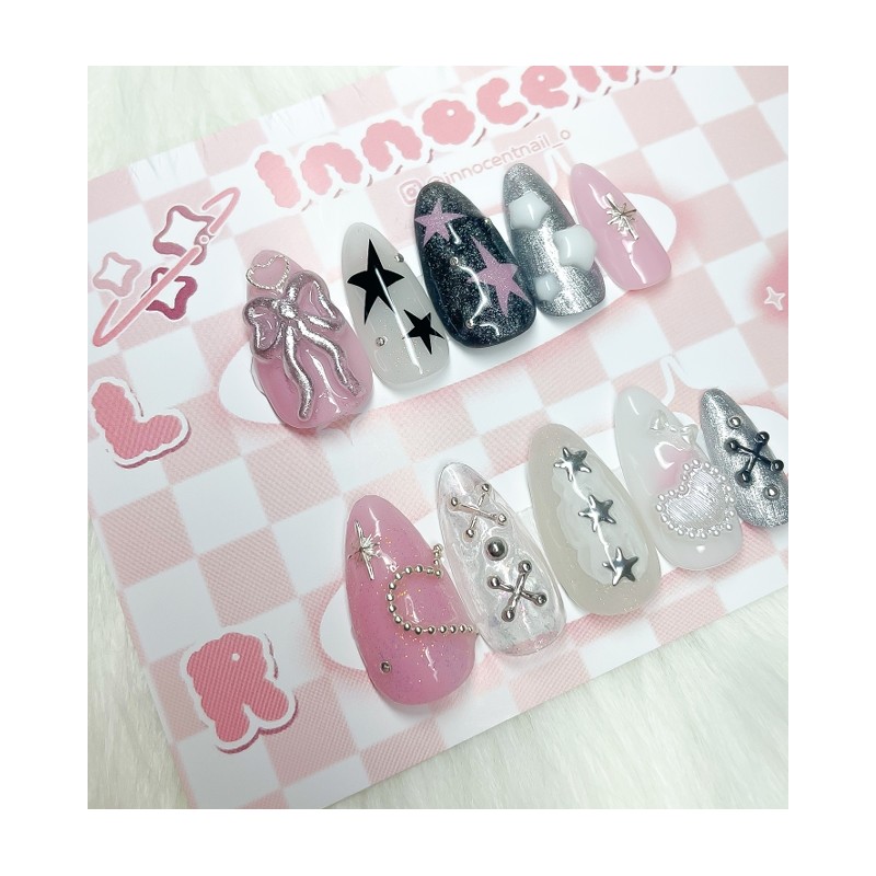 Y2K Lovely Silver Star Char Handmade Nail Tips - Almond