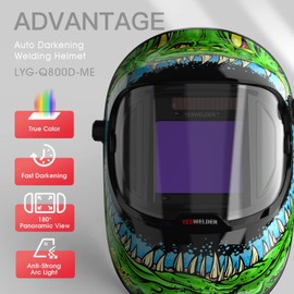 YESWELDER Large Viewing True Color Solar Powered Auto Darkening Welding Helmet with SIDE VIEW, 4 Arc Sensor Wide Shade 4/5-9/9-13 Welder Mask for TIG MIG ARC Grinding Plasma LYG-Q800D-ME