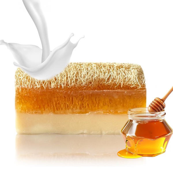 STORELUXY 130gr Goat Milk & Honey Soap Bar With Pumpkin Fiber Natural Handmade Loofah | Anti Ageing, Anti Wrinkle, Effective For Acne & Eczema, Rich in Vitamin A, Moisturising