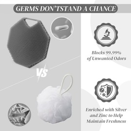 Body Scrubber Body Brush, Silicone Loofah Shower Brush Body Scrubber Exfoliator Bath Scrubber for Body with Exfoliating Fins for Sensitive Skin, Travel Essentials, Home, Men Women-Gray