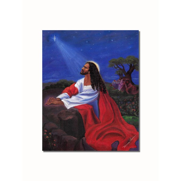 African American Black Jesus Praying at Gethsemane Rock Wall Picture 8x10 Art Print