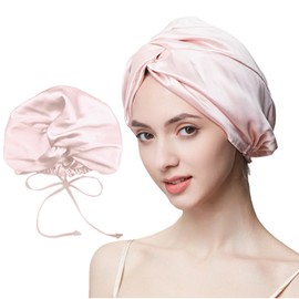 100% Mulberry Silk Sleep Bonnet, Double Layer Silk Turban, Shower cap, 8 Colors (Pink Bonnet With Adjustble Strap)
