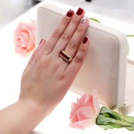 Uloveido Women's Gold Plated Oval Cut Red Cubic Zirconia 7 Stones Wedding Band,Simulated Ruby Birthstone Ring J501 (Red, Size 6)