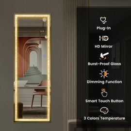 GlasFlength 47"x16" Door Haning Mirror with LED Lights, Adjustable Brightness & 3 Color Modes, Wall Mounted, Crystal Diamond Frame Full Body Mirror