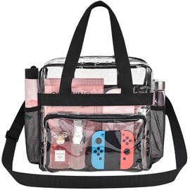 Busiuw Clear Bag for Stadium Events 12x12x6, Clear Tote Bag with Reinforced Straps and Front Pocket Gym Tote Bags for Sports Gym Work Travel and Events(Black)