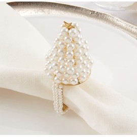 Fennco Styles Spiral Faux Pearl Beads Napkin Rings, Set of 4 - Gold Metal Napkin Holders for Home, Dining Room, Banquet, Wedding, Holiday Décor, Special Occasion