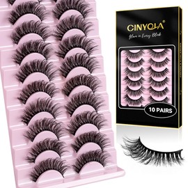 CINYOLA Mink Lash Fluffy Wispy False Eyelashes, Fake Lashes Extension Strips Charming Look, 10 Pairs 16MM Volume D Curl Fake Lashes Pack