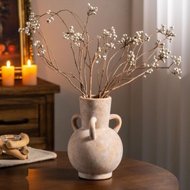 Beige Vintage Terracotta Ceramic Vase with Handles, Rustic Pottery Tulip Vase for Cottage Core Home Mantle Decor, Large Bulk Flower Vases Farmhouse Table Centerpieces, Jarrones Decorativos para Sala