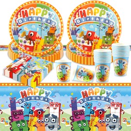 61 Pcs Blocks Birthday Decorations, Party Decorations Party Supplies Paper Plates Cups and Tablecloth, Kids Tableware Set for 20 Guests
