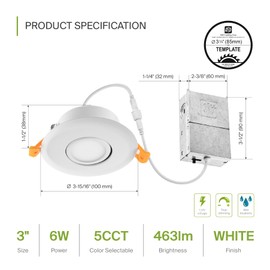ASD 12 Pack 3 Inch Gimbal LED Recessed Lighting with Junction Box, 6W 463LM Airtight Dimmable Directional Downlight, 2700K-5000K Adjustable Eyeball Swivel Canless Ceiling Light, UL Listed, White