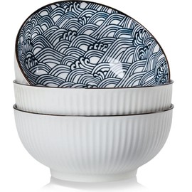 Houlu 60 oz Pho Bowls, Large Soup Bowl, Japanese Ramen Bowl Set, 8 inches Big Porcelain Bowls Set of 3, Wave Pattern