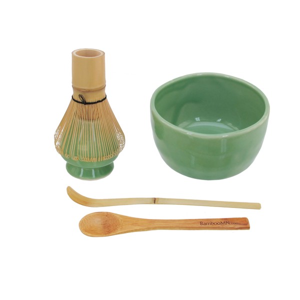 BambooMN Marca: Matcha Bowl Set (include ciotola, riposo, frusta da tè, chasaku, cucchiaino da tè) 1 set morbido verde chiaro