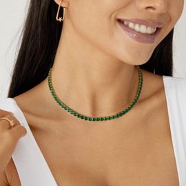 KissYan Gold Tennis Necklace for Women, 14K Gold Plated Green Cubic Zirconia Round Tennis Chain Adjustable Choker Dainty Jewelry Gifts(Round-Gre)