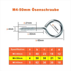 MOGADEE® Pack of 10 Stainless Steel Screw Eyelets M4 50 mm, Eye Bolt, Hooks for Screw Hooks, Screw Eyelets with Wood Thread, Eyelet Hooks to Tension a Washing Line Christmas Garland