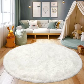 BSGIFT High Pile Round Rug, 120 cm, Cream, Shaggy Long Pile Rug, Living Room, Fluffy, Modern Living Room Rug, Bed Rug, High-Pile Carpet, Non-Slip for Bedroom, Children's Room