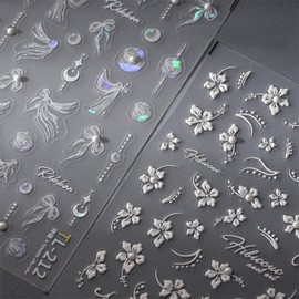 2 Sheets 5D Embossed Flower Nail Art Stickers Summer Spring Nail Stickers for Nail Art Aurora White Nail Decals Self Adhesive Nails Supplies for Women Girls
