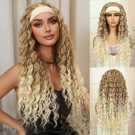 QUEENTAS Long Wavy Headband Wig for Women Synthetic Glueless Density Wig Blonde 23 Inches for Daily Party Use (Brown with Gold)