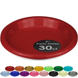 DecorRack 30 Small Plastic Plates, 7 inch Party Plate for Dessert Appetizer, Disposable Tableware for Kids Birthday Party, Red (Pack of 30)