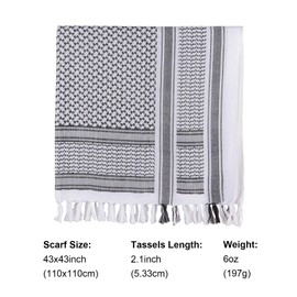 [FOCUHUNTER] Arab Scarf Tactical Desert Survival Game Scarf Shemagh Scarf Keffiyeh Scarf Headneck Scarf Cotton 43x43 Inch Head Wrap Arab Scarf with Tassel, white