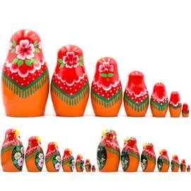 AEVVV Russian Nesting Dolls Set of 7 pcs - Matryoshka Doll with Hand Painted Bouquet of Lily and Daisy Flowers - Flower Summer Decorations
